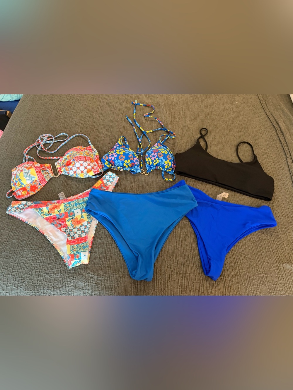 Lot of Large SHEIN Bikini Tops and Bottoms Blue Black Floral Sexy Printed